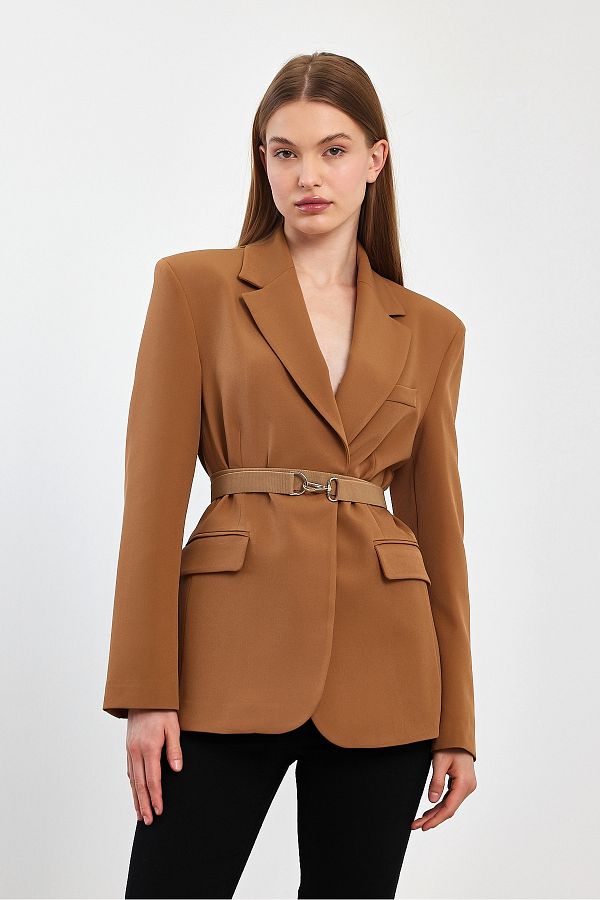 MATTON Women s Belted Camel Blazer Jacket Trendyol