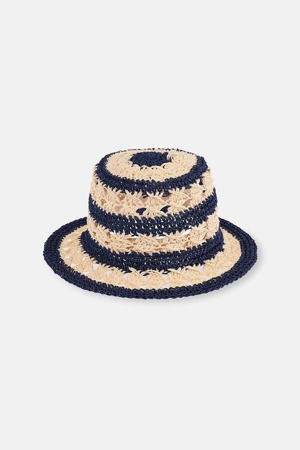 Dagi-Straw Hat - Ecru and Navy Blue Stripe Pattern 1