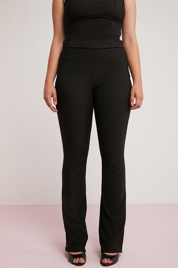 ETHIQUET-Larissa Women's Ribbed Interlocked Body-Wrapping Flexible Flare Black Plus Size Trousers 1