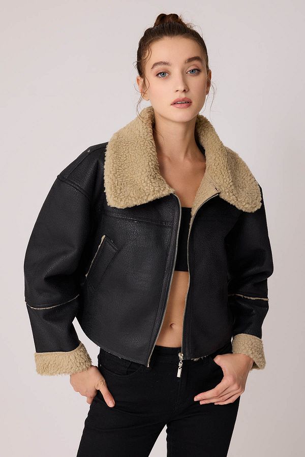Vitrin Double Pocket Faux Leather Furry Biker Jacket Trendyol