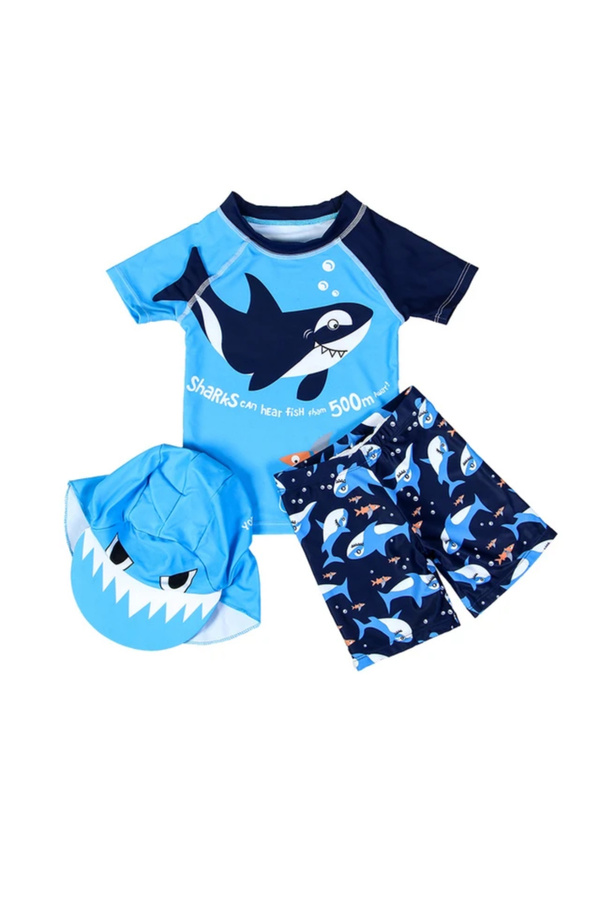 Petityu UPF50+ GÜNEŞ KORUMALI erkek çocuk mayo tek kol Laci köpekbalığı desenli 3'lü set
