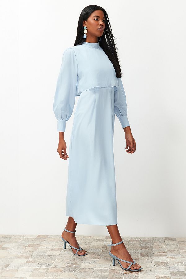 Trendyol Modest-Hellblaues, detailliertes, gewebtes Kleid von Aller TCTSS24EB00190 1
