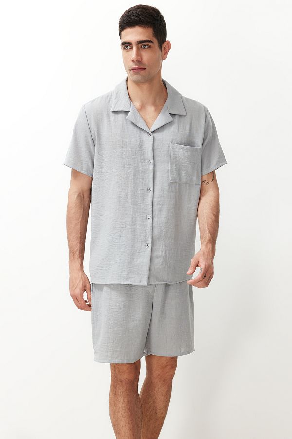 Trendyol Collection-Šedý tkaný košilový límec Šortky Pyžamový set – Regular Fit TMNSS24PT00022 1