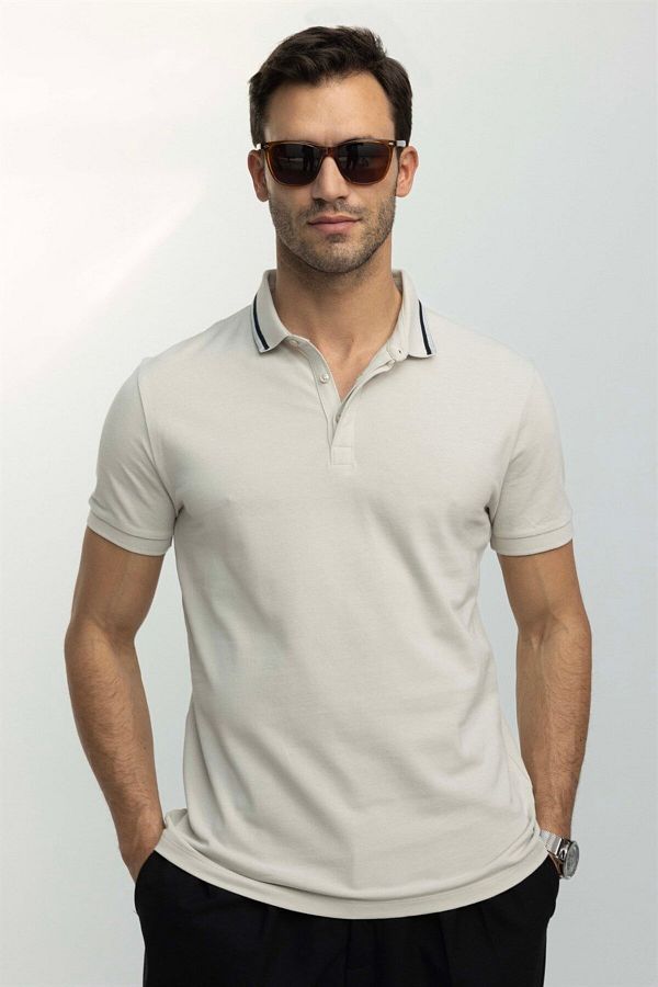 Tudors-Tricou pentru bărbați, slim fit, 100% bumbac, cu nasturi ascunși, bej, cu guler polo 1