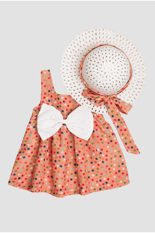 Chicsy Baby Şapkalı puantiye Desenli Fiyonklu Kız Bebek Elbisesi