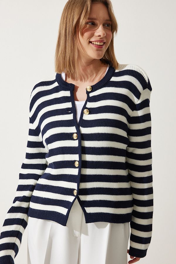 Happiness İstanbul-Gepolsterte Strickjacke mit Streifenmuster in Ecru/Marineblau für Damen US00859 1