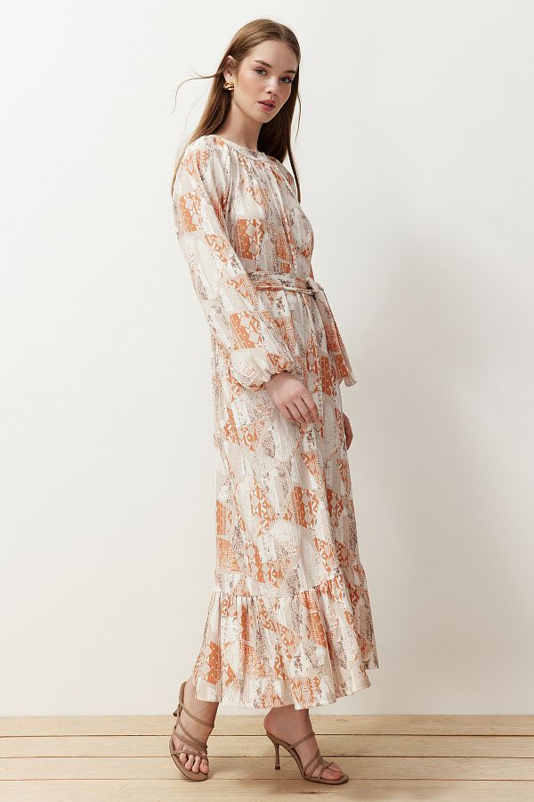 Trendyol Modest-فستان منسوج بحزام زهري برتقالي TCTSS24EB00231 1