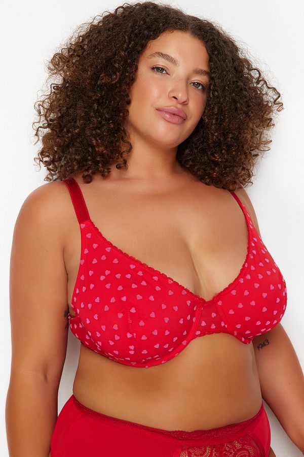 Trendyol Curve-Red Polka Dot Mesh Large Size Bra TBBAW24CW00002 1
