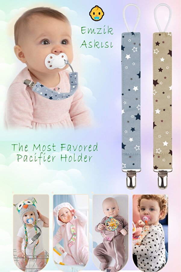Ferdys Emzik Askısı, 2’Li Uyumlu Yıldız Desenli Emzik Askısı Paketi, Kumaş Emzik Askısı Klipsi