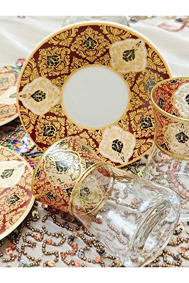 SAMSA Heybeli Gold Burgundy Patterned Glass Porcelain Tea Set 6 Person ...
