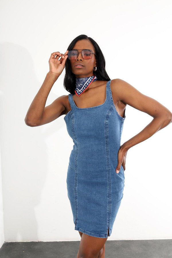 5in1Canpolat Blue Strappy Square Neck Denim Dress Trendyol