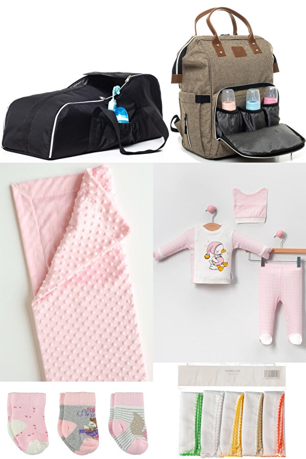 DERİNBEBE 6’lı Bebek Doğum Seti(HASTANE ÇIKIŞ,BEBEK BAKIM SIRT ÇANTASI,PORTBEBE,BATTANİYE,ÇORAP,MENDİL SETİ)