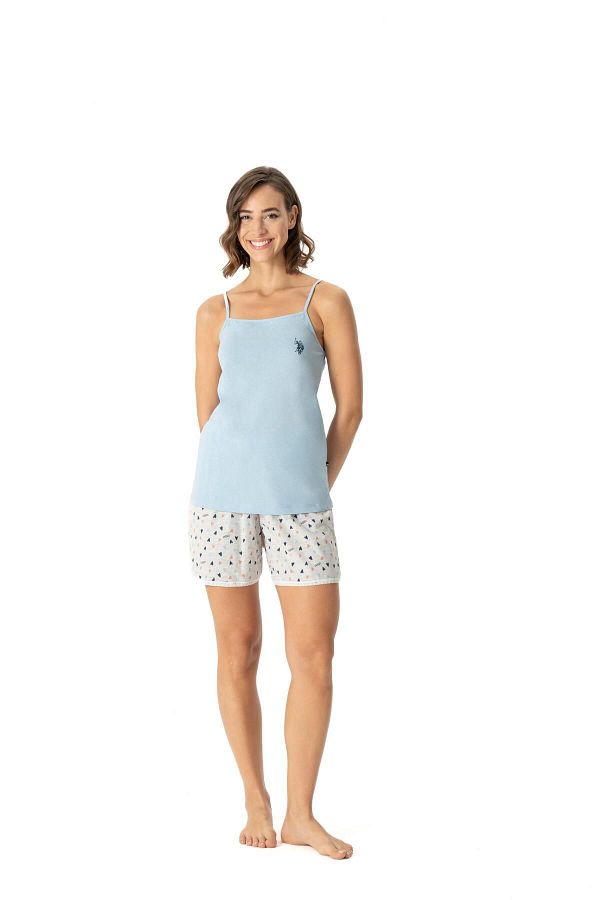 U.S. Polo Assn. U.S. Polo Assn.Women s Blue Strap Singlet Heart Shorts 2 Piece Summer Pajama Set Trendyol