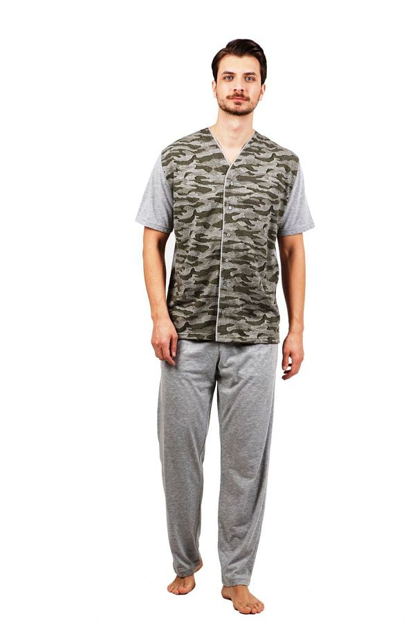 Çift Kaplan-Jacquard Short Sleeve Front Buttoned Back Solid Pajamas Set 1