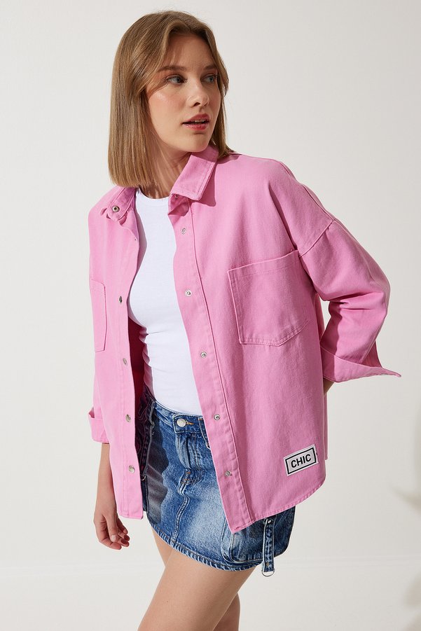 Happiness İstanbul Women's Pink Oversize Gabardine Jacket with Pockets RV00176