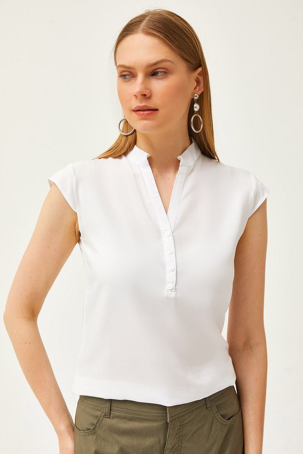 Olalook-Women's Ecru V-Neck 4 Button Viscose Blouse BLZ-19000279 1