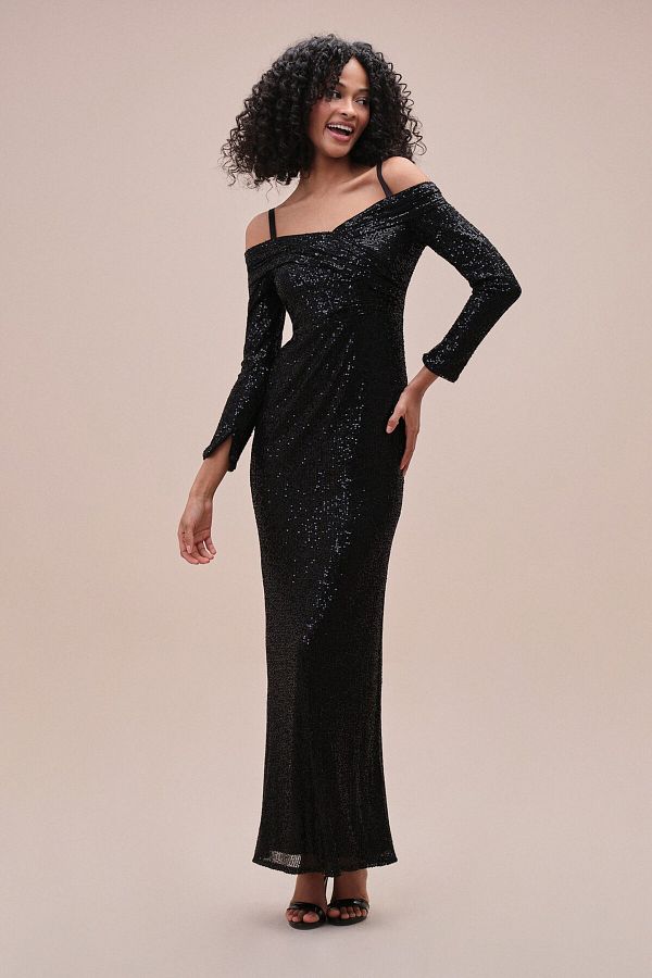 Oleg Cassini Black Sequined Off Shoulder Slit Back Evening Dress Trendyol