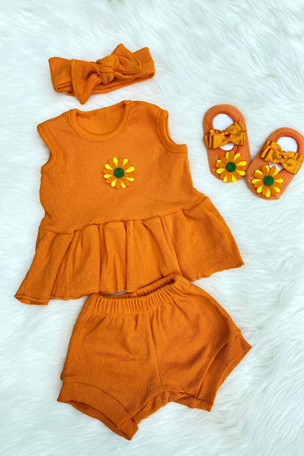 ADABEBEK Yeni Sezon Çiçekli Bandana ve Çorap Aksesuarlı Ribana Şortlu Takım