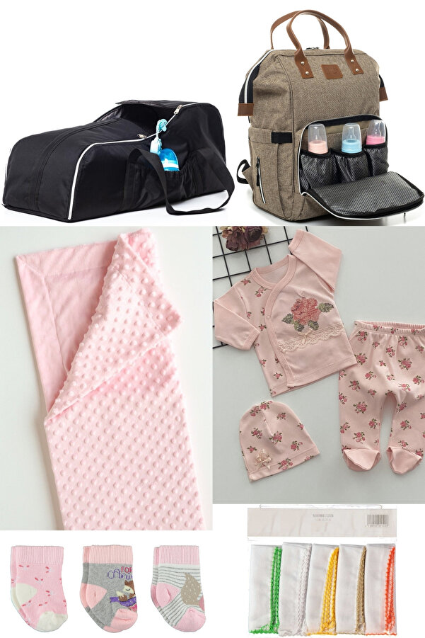 DERİNBEBE 6’lı Bebek Doğum Seti(HASTANE ÇIKIŞ,BEBEK BAKIM SIRT ÇANTASI,PORTBEBE,BATTANİYE,ÇORAP,MENDİL SETİ)