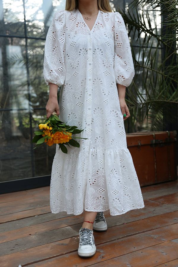 White dress balloon sleeve on sale