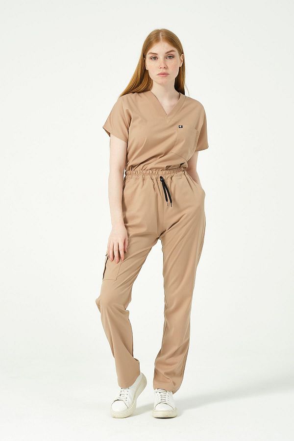Pratik Medikal-Unisex Beige Scrubs - Lycra Cargo Pocket, Bat Sleeve, Doctor and Nurse Jersey 1