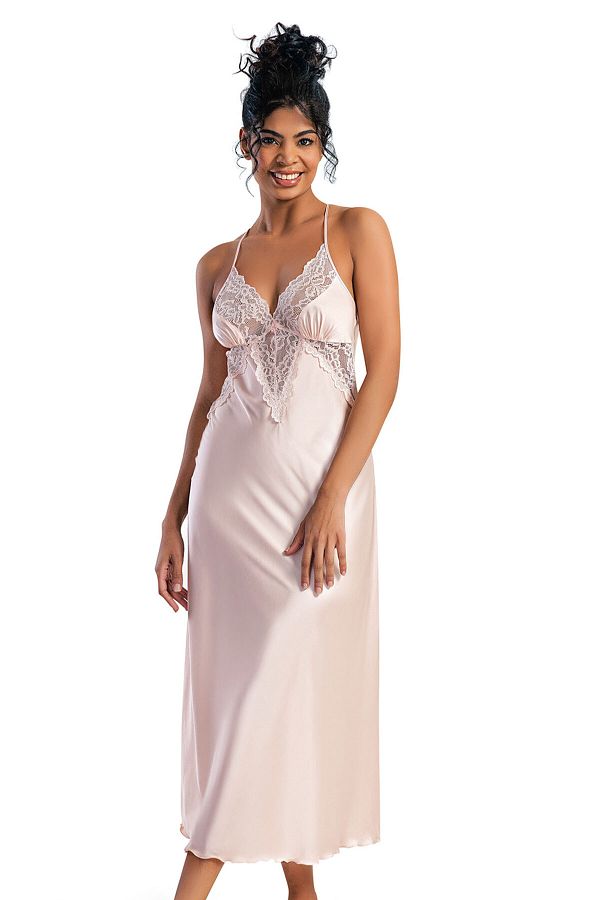 ILISANA Women s Pink Satin Long Length Lace Detailed Rope Strap Nightgown Trendyol