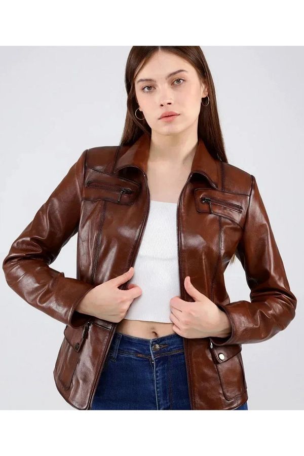 NYC G Y M TEKST L Genuine leather jacket style coat coffee color Trendyol