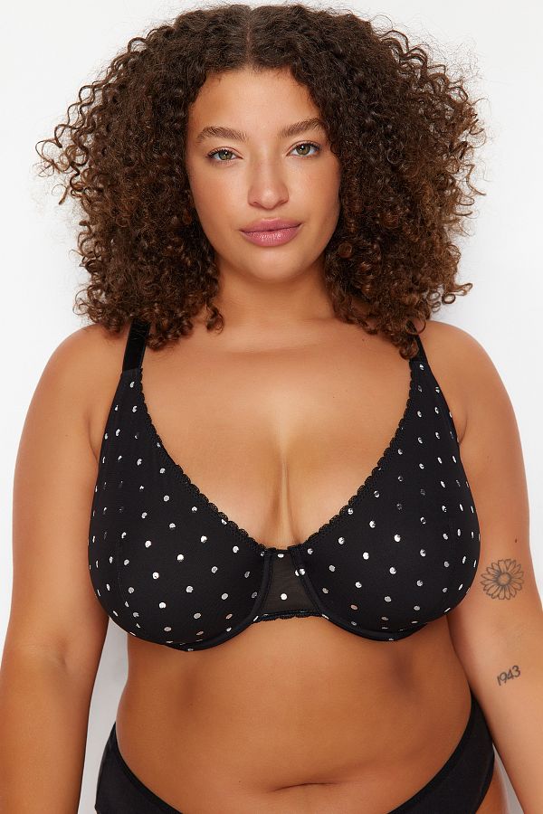 Trendyol Curve-Black Polka Dot Mesh Large Size Bra TBBAW24CW00002 1