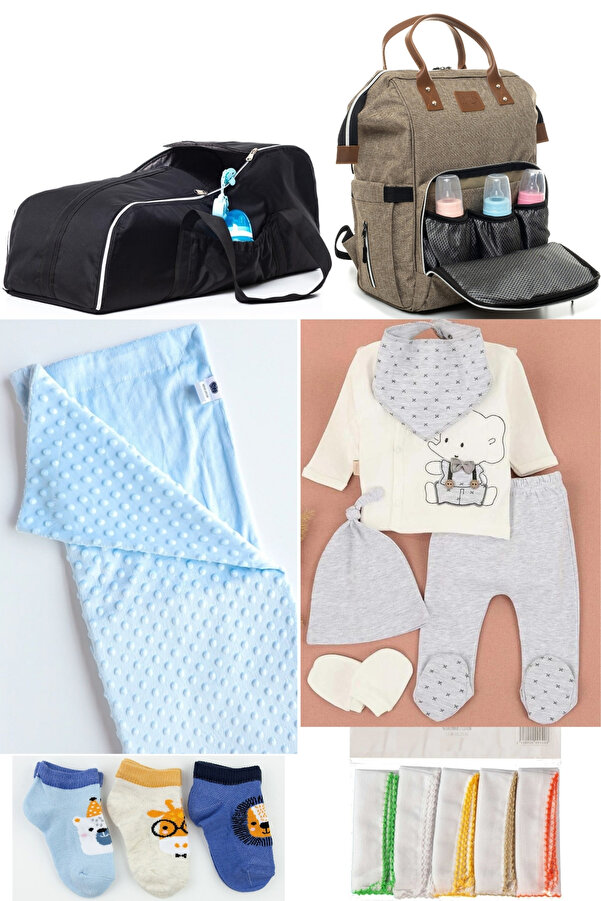 DERİNBEBE 6’lı Bebek Doğum Seti(HASTANE ÇIKIŞ,BEBEK BAKIM SIRT ÇANTASI,PORTBEBE,BATTANİYE,ÇORAP,MENDİL SETİ)