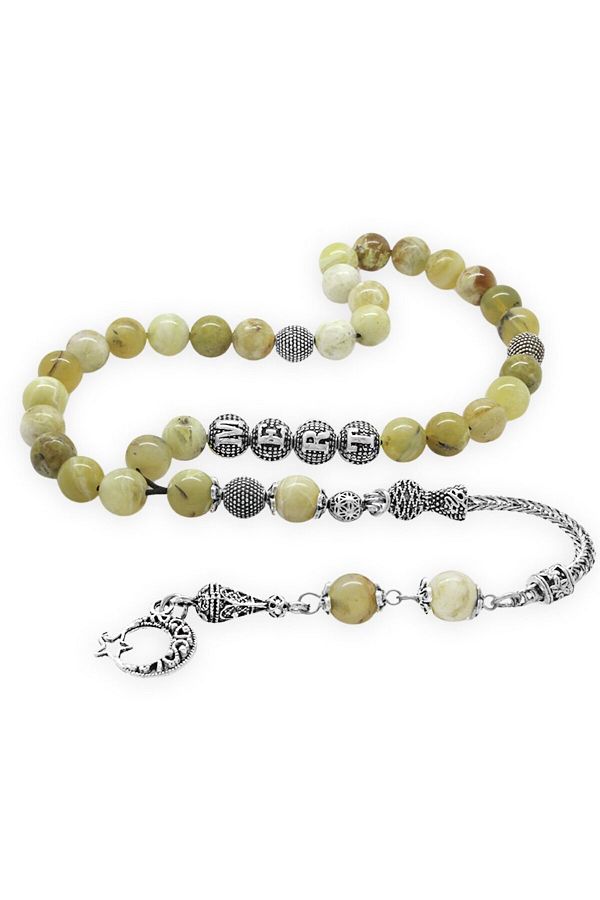 Tesbihane-Non-Tarnish Metal Tasseled Globe Cut Opal Natural Stone Rosary 1