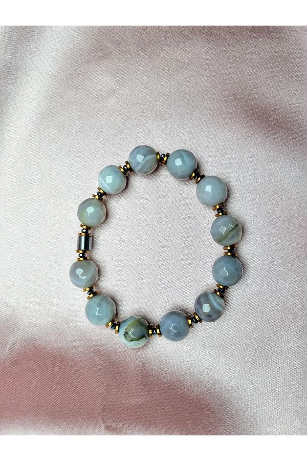Yüksel Boncuk-12 mm Facet Cut Veined Agate Stone with Hematite Spacer Combination Natural Stone Bracelet 1