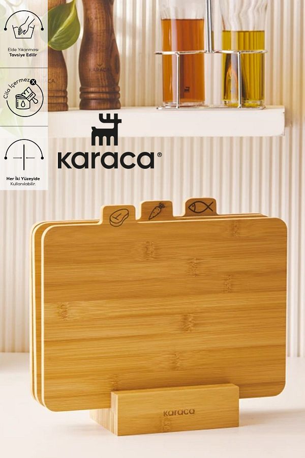 Karaca-Cutting Board 4 Pieces Footed Bamboo Wooden Meat Fish Vegetable Fruit Bread Cutting Board Set 28 Cm 1