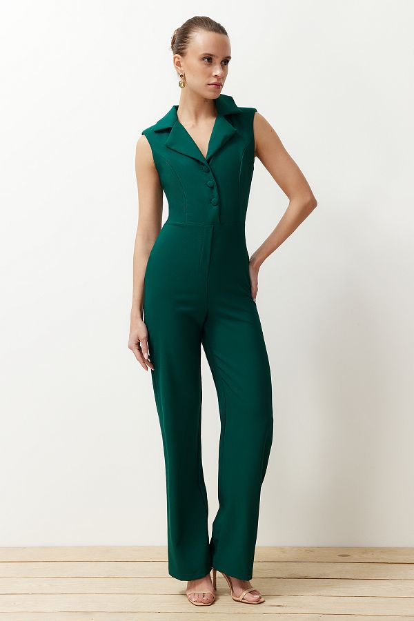 Trendyol Collection Emerald Green Jacket Collar Wide Leg Woven Jumpsuit TWOSS23TU00130 Trendyol