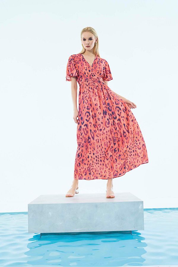 IBIZA V Neck Leopard Print Maxi Length Coral Dress Short Sleeve