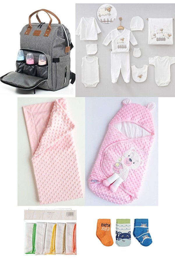 Beyaz Bebek Büyük Doğum Seti (10’LU HASTANE ÇIKIŞ,BEBEK ÇANTASI,KUNDAK,BATTANİYE,MENDİL VE ÇORAP SETİ)