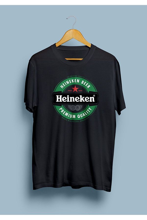 NİCE-- Unisex Black Heineken Beer Logo Design Printed T-Shirt 1