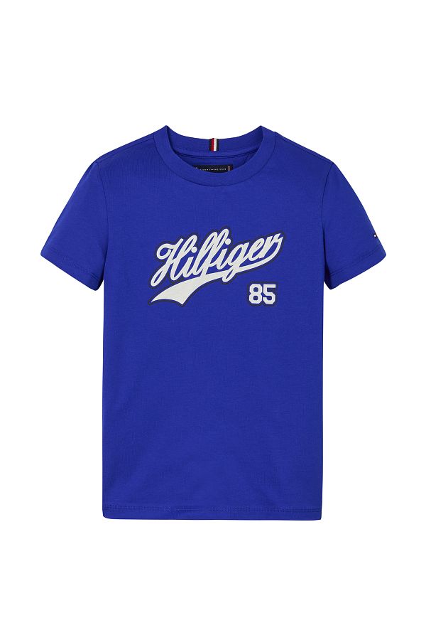 Tommy Hilfiger-Baskılı Mavi Erkek T-Shirt HILFIGER SCRIPT TEE S/S 1