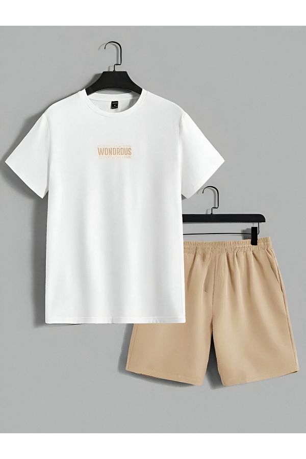 trendgar-Unisex set with beige shorts wondrous printed bottom top 1