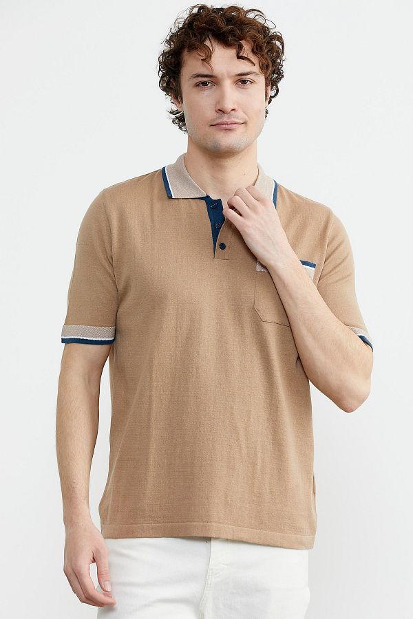 Sementa Color Combination Pocketed Cotton Knitwear T Shirt Camel Trendyol
