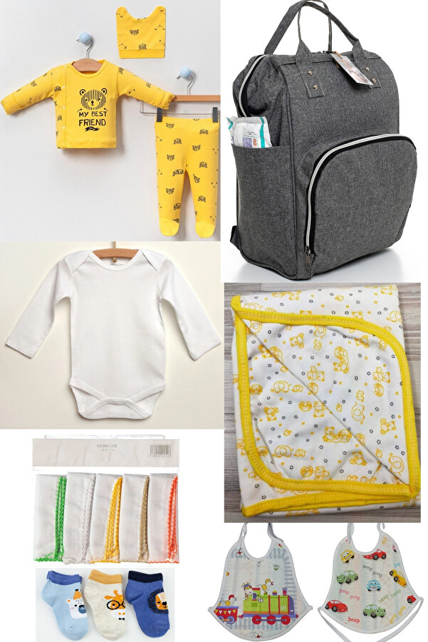 DERİNBEBE Büyük Doğum Seti (10’LU HASTANE ÇIKIŞ,BEBEK ÇANTASI,KUNDAK,BATTANİYE,MENDİL VE ÇORAP SETİ)