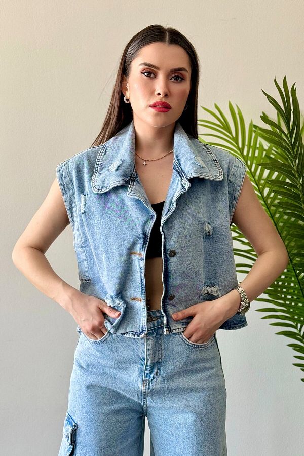ROUPAS Ripped Detailed Denim Vest Trendyol
