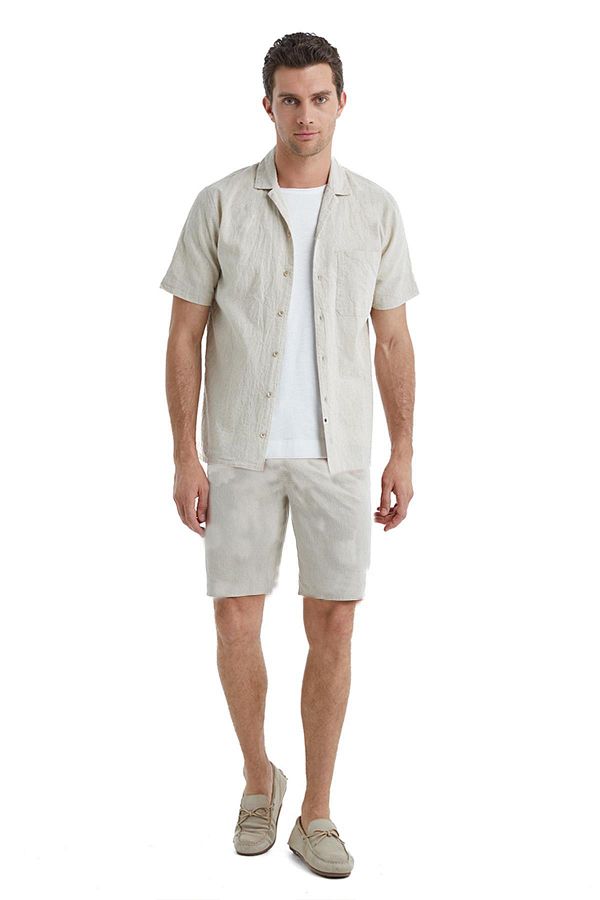 Blackspade-Men's Short Sleeve Front Buttoned Linen Cream Shorts Set C6T5N4O04- 1