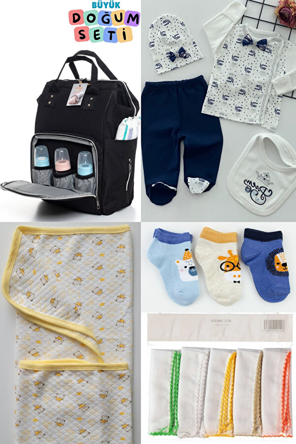 sahra bebek 5'Lİ BÜYÜK BEBEK DOĞUM SETİ(BEBEK BAKIM ÇANTASI,HASTANE ÇIKIŞI,BATTANİYE,10’LU MENDİL VE 3’LÜ ÇORAP)