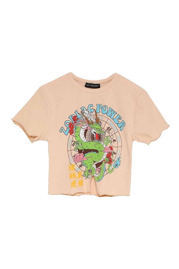 Quzu-Ruffle Detailed Printed Crop T-Shirt Beige 1