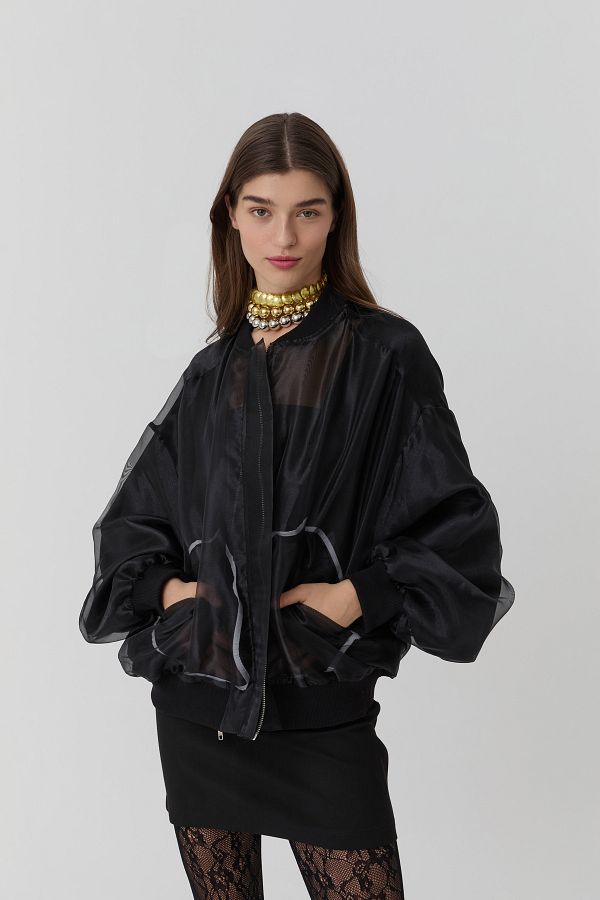 Quzu-Pocket Detailed Organza Tulle Jacket Black 1