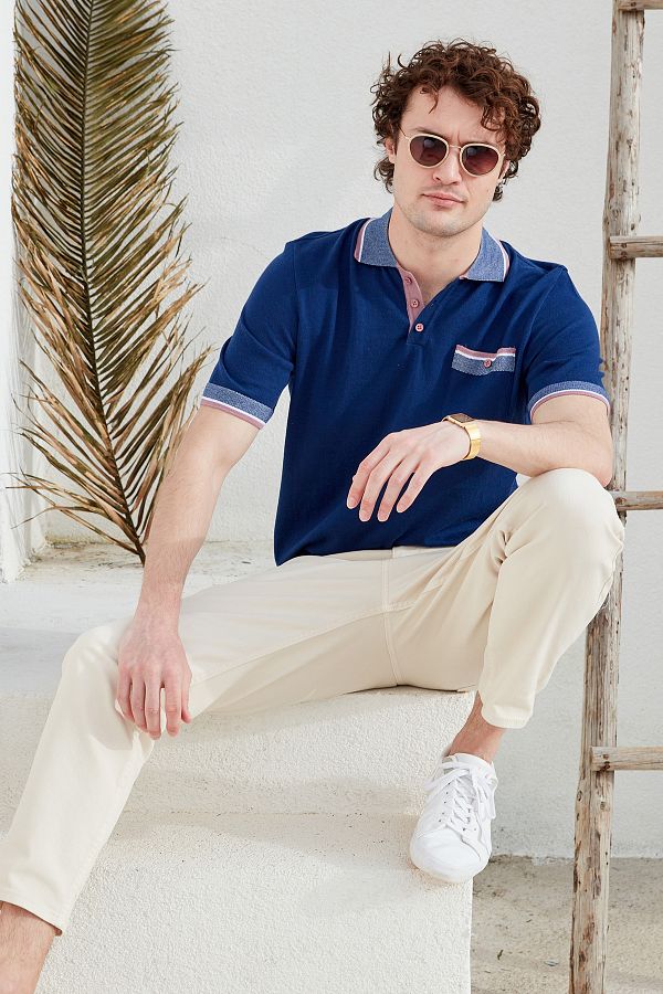 Sementa Color Combination Pocketed Cotton Knitwear T Shirt Navy Blue Trendyol