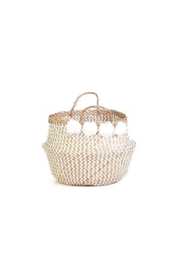 KANCAEV-35cm White Pompom Wicker Basket - with Folding Hub 1