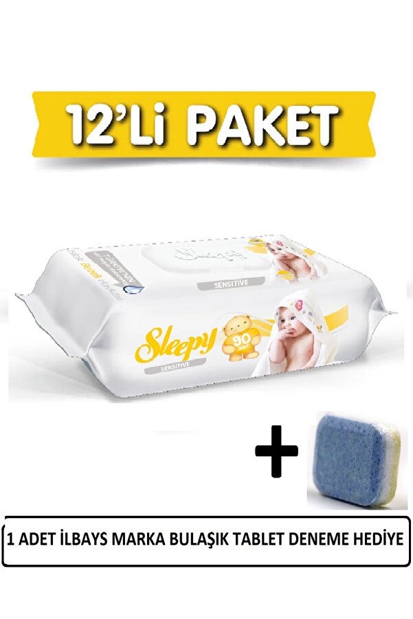 Sleepy Sensitive Islak Havlu 12x90 Lı 12 Paket 1080 Yaprak+İLBAYS 1 ADET BULAŞIK TABLET