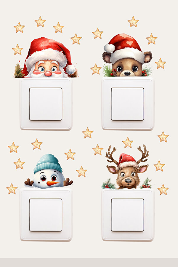 KanvasSepeti Priz  Yılbaşı lü set Noel Baba Kardan Adam Geyik Neşeli Yeni Yıl Dekoratif Sticker