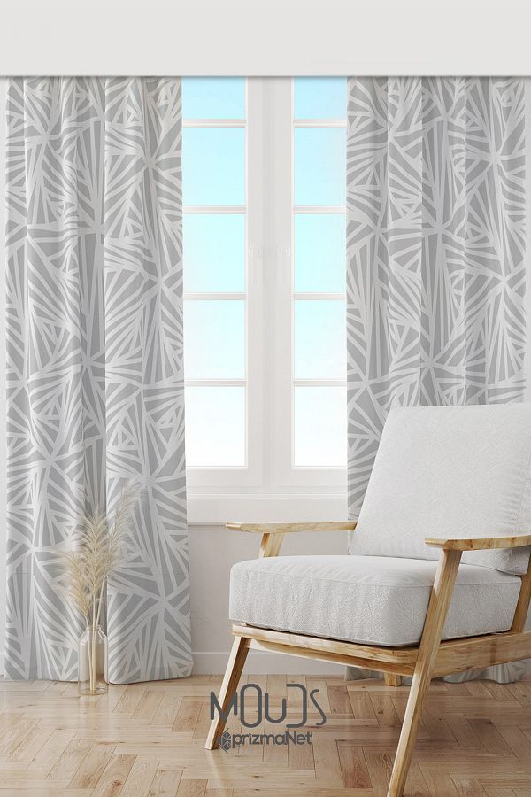 Moud's-White Triangle Patterned Suede Living Room Hall Background Curtain Printed Extrafor Drawstring 2 Sash PRD-1071 1